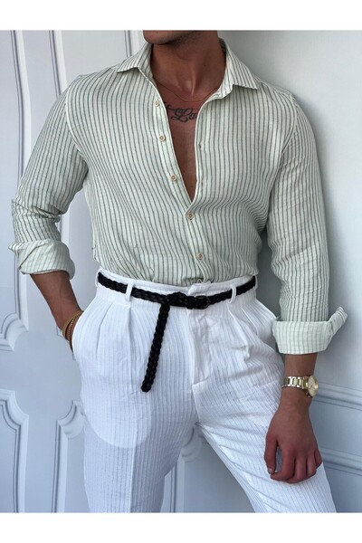 MODEFENDİ Erkek Yeşil İnce Fitilli %100 İnce Pamuk Keten Regular Kalıp Gömlek