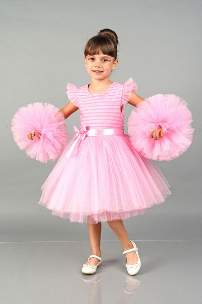 Delfini kids Pompom Sleeves Tulle Party and Birthday Evening Dress