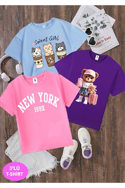 twins tailors Pachet de 3 tricouri pentru fete cu imprimeu Newyork roz-albastru-deschis-violet