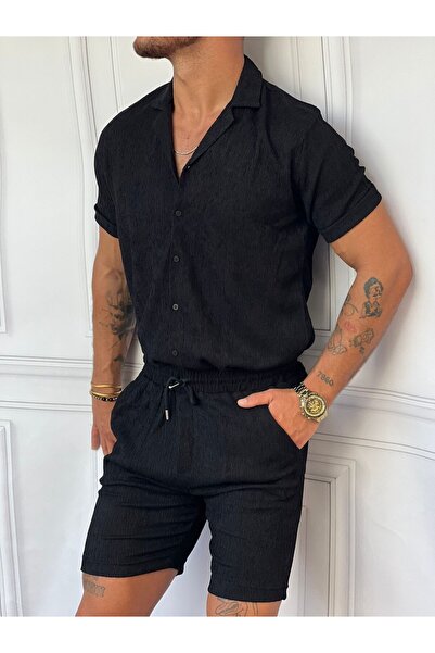 MODEFENDİ Men's Black Crinkle Fabric Cotton Shirt + Shorts Set