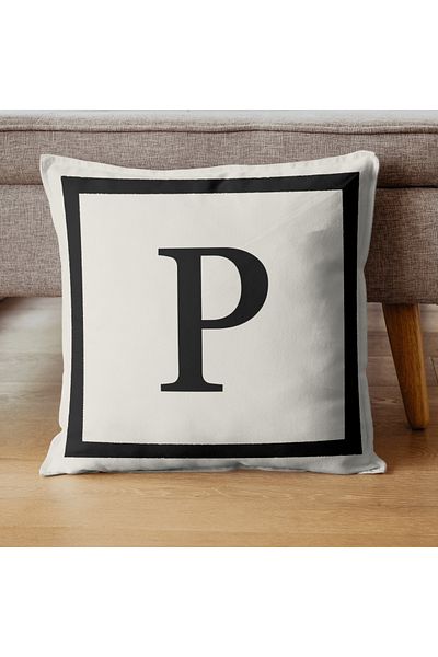PerdeYap1980 Lettered Throw Pillow Cover - Letter P - 43X43 cm Cream-Black Gift Decorative Pillow Cover