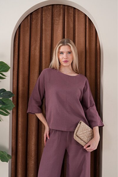 Lin Collection Γυναικεία λινό μπλούζα μουσελίνα παντελόνι Loose Cut Bottom To...