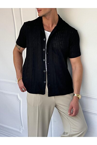MODEFENDİ Erkek Siyah Örme Triko Kumaş Desenli Kisa Kollu Gömlek
