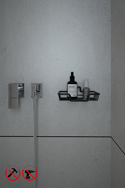 Alper Banyo BLACK 3-PIECE Adhesive Bathroom Organizer Shelf - Soap with Adhesive Hooks - Square Blow Dry