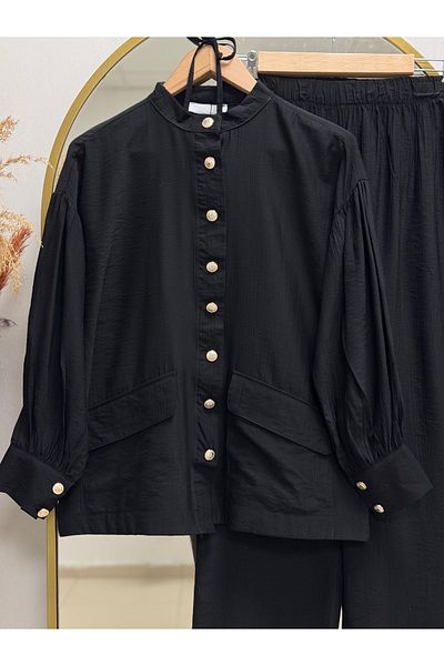 Ebrar Store Nadide Gold Buttoned Trousers Suit-Bn4327 Black