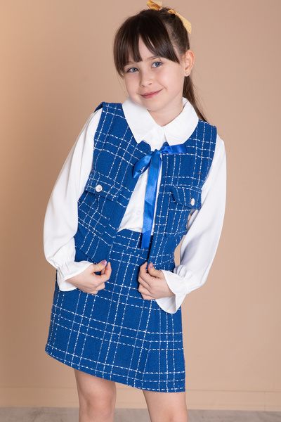 Cansın Mini Saks Mavi Fiyonklu Yelekli Düğme Detaylı Şort Etekli Kız Çocuk 3lü Takım 20316