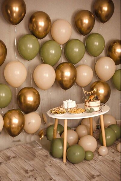 BeySüS Retro Okaliptüs Deniz Kumu Gold Krom 25 Adet Balon Seti