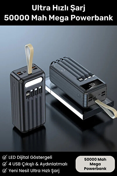 Kensa Ultra Hızlı Şarj 50000 Mah 4 USB Çıkışlı Dijital Göstergeli Aydınlatmalı Taşıma Askılı Powerbank