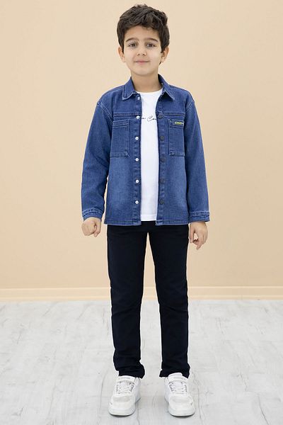 Cansın Mini Navy Blue Jean Shirt, Text Printed T-Shirt, Boy's Trousers, 3-Piece Set