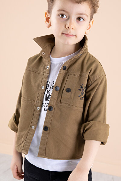 Cansın Mini Λινό ανδρικό πουκάμισο για αγόρι - λαιμόκοψη, μπλουζάκι, καφέ 20075