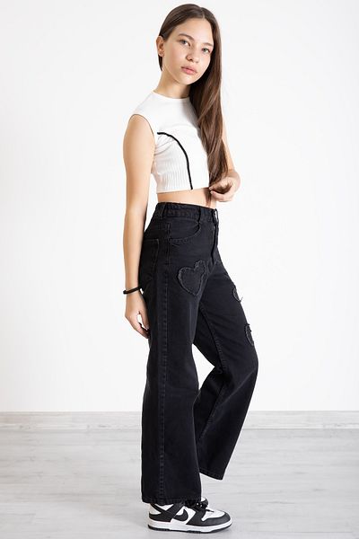 Cansın Mini Pantaloni negri pentru fete, cu broderie cu inimă, cu picioare largi, 20361