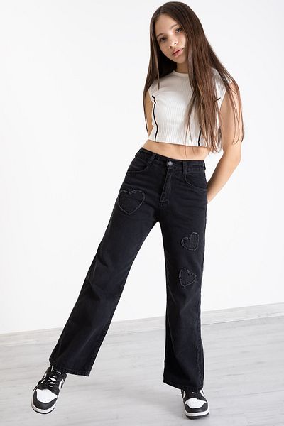 Cansın Mini Pantaloni negri pentru fete, cu broderie cu inimă, cu picioare largi, 20361