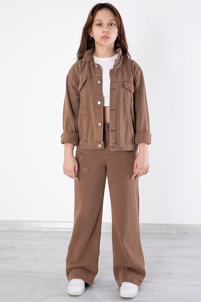 Cansın Mini Brown Embroidery Detailed Jean Pant and Jacket Girls' Suit 20364