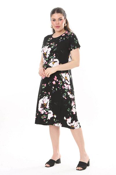Mooi XXL Rochie midi cu model floral alb-negru pentru femei