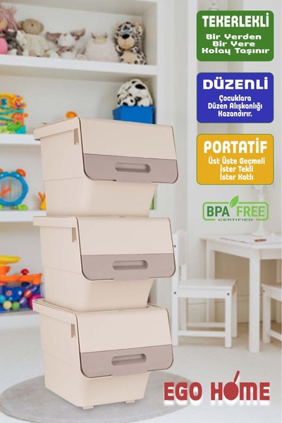 ego home 3-Wheeled Toy Organizing Cabinet with Lid Storage Box Toy Basket Multi-Purpose Mote 36 Lt