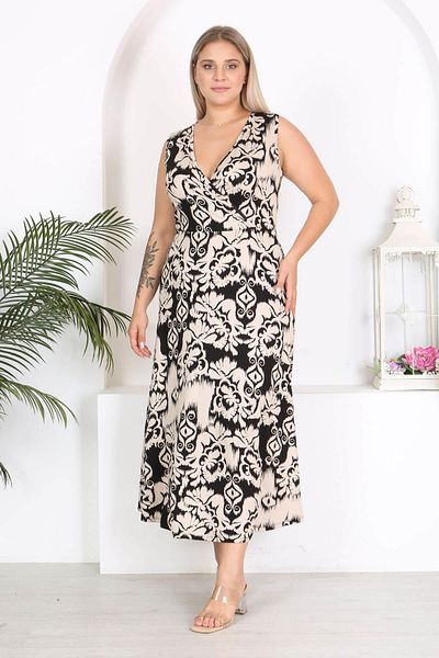 Mooi XXL Μπεζ Μαύρο Maxi Φόρεμα με διπλό στήθος με Ethnic σχέδιο