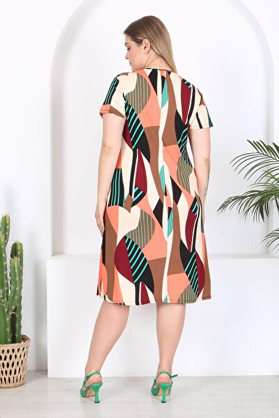 Mooi XXL Green Geometric Patterned Women's Midi Dress - Salmon