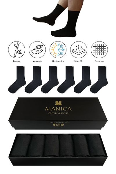 MANICA Мъжки бамбукови чорапи до глезена, 6 чифта - черни