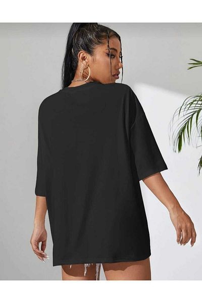 WOODROFFE Tricou negru oversize casual Boyfriend cu imprimeu Smiling Face