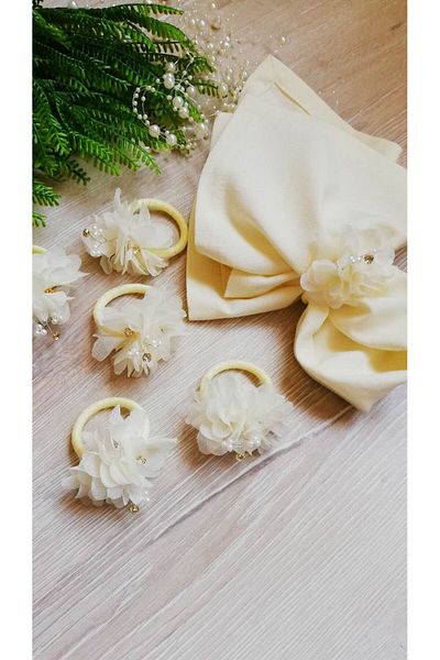 LİMOMİ Cream Laser Flower Stone Pearl Napkin Ring (6 Pcs)