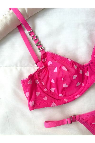 Feruzdesign Women's Pink Heart Chloei Bra Set