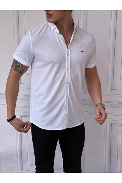 MODEFENDİ Erkek Beyaz Slim Fit Pamuk Örme Polo Yaka Kısa Kollu Gömlek