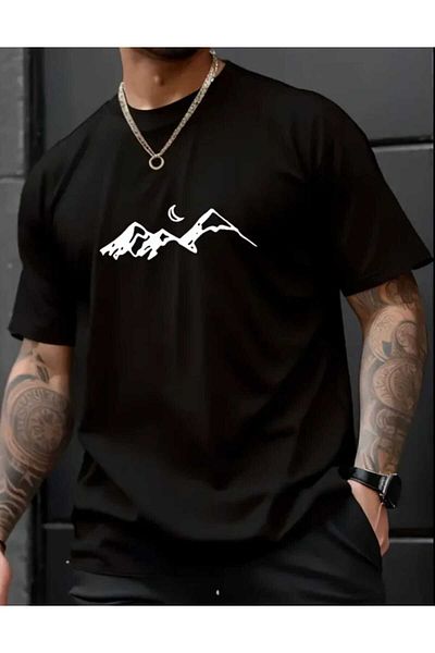 WOODROFFE Ανδρικό μπλουζάκι με στάμπα βουνού Oversize Casual Boyfriend