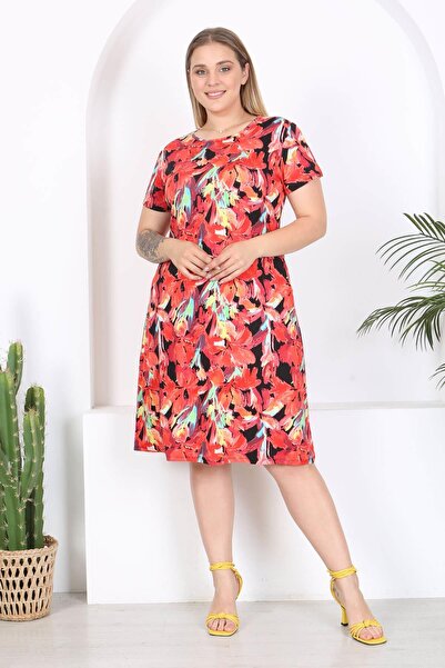 Mooi XXL Red Floral Midi Dress - Watercolor Patterned