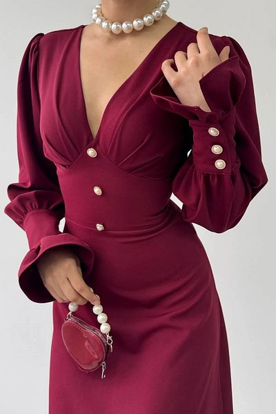 Julidress Rochie premium cu mâneci lungi, cu decolteu în V, cu nasturi perle bordeaux