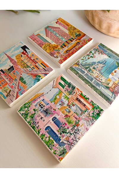 Genel Markalar Bahar ve Yaz Avrupa Şehir Temalı Taş Bardak Altlıkları - 4’lü ...
