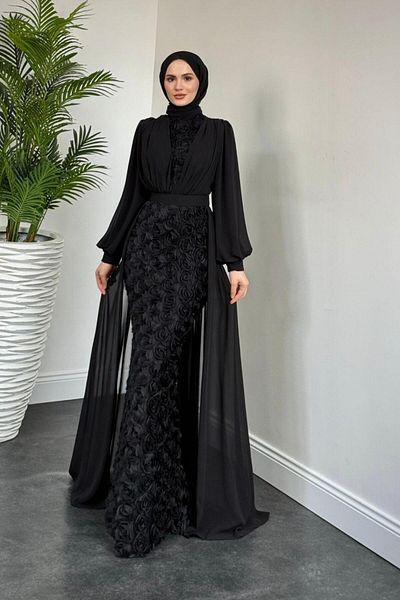 MERVEN AKYÜZ Black Mozella Rose Evening Dress