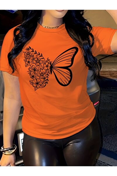 GALASHOP طاقم الرقبة فراشة مطبوعة قصيرة الأكمام تي شيرت