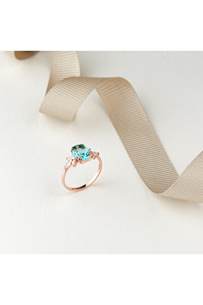 Siset Gümüş 925 Ayar Rose Kaplama Oval Aquamarin Taşlı Gümüş Yüzük