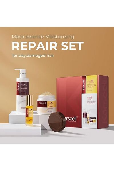 Karseell مجموعة إصلاح وترطيب الشعر بخلاصة الماكا، قناع الشعر بالكولاجين 500 مل، شامبو 500 مل ومستحضر الماكا