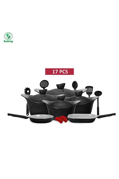 badreig LAHOYA CERAMIC COATED COOKWARE SET 17 PCS (BLACK) |Made in Saudi