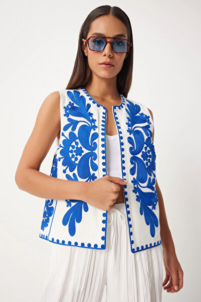 bacc Women's White-Blue Embroidery Detailed Linen Vest Bceq- 252736