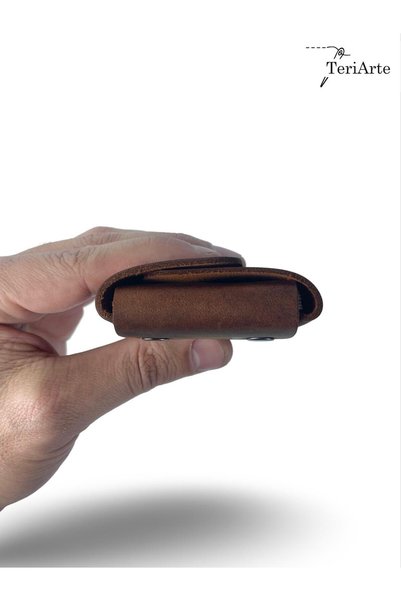 TeriArte Genuine Leather Palm Card Holder, Real Leather Minimal Card Holder, Double Snap Card Holder, Unisex Card Holder