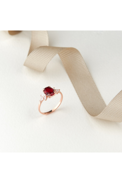 Siset Gümüş 925 Ayar Rose Kaplama Oval Kırmızı Zirkon Taşlı Gümüş Yüzük