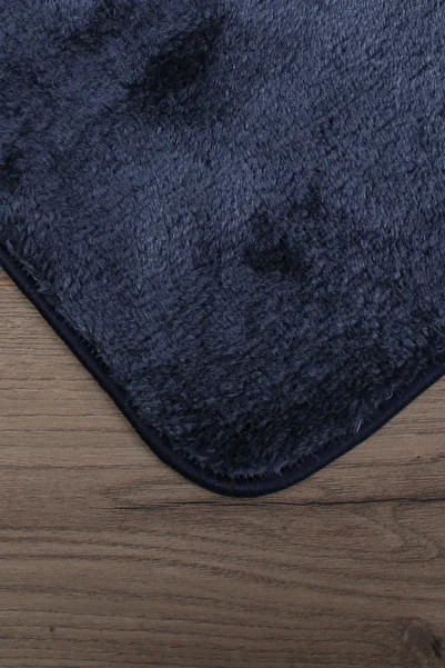 Dokumacıoğlu Relax Navy Blue 2-Piece Cornered Bath Mat Set (60X100 + 50X60 cm) Non-Slip Toilet Seat