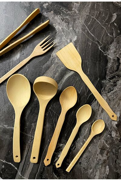 Kitchen Mania 8 Piece Pro Beech Wooden Spoons Set- Wood Spatula Serving Ladle Tree Fork Tongs Set