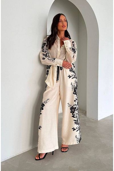 Pulli Collection Linen Fabric Flower Printed Double Suit