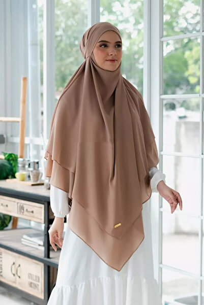 Hasna Tesettür Peçeli Uzun Şifon Sufle Premium Khimar Karamel