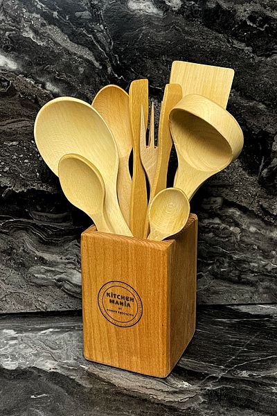 Kitchen Mania 9-Piece Pro Beech Wooden Spoon Set-With Wooden Stand- Wooden Spatula Serving Ladle Wood Fork Tongs Set