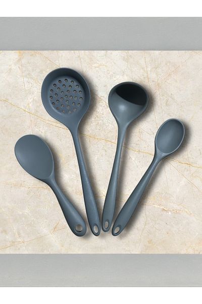 VERKFİ 4Pcs Gray Silicone Heat Resistant Fireproof Spoon Set - Colander and Rice Spoon