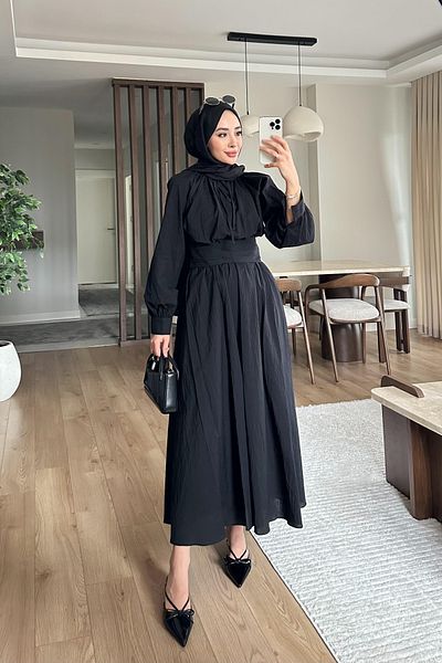 Miraydın Butik Balloon Sleeve Waist Drawstring Skirt Set - Black