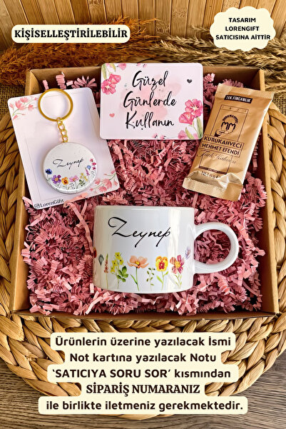 Loren Gift Kişiye Özel İsimli Kupa Bardak Anahtarlık Hediye Kutusu Floral Zer...