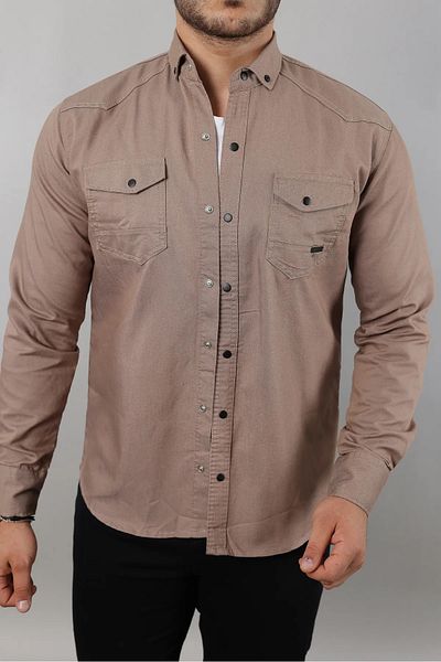WOWA COMPANY Ανδρικό Slim Fit Διπλή Τσέπη Basic Skinny Καφέ Τζιν πουκάμισο