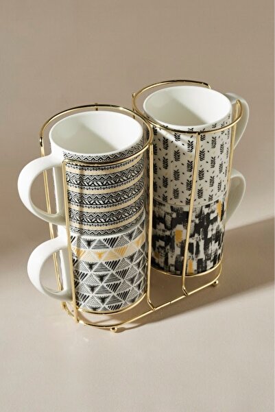 Karaca Nigrum 5 Piece Porcelain Mug/Mug Set with Stand 4x320 ml