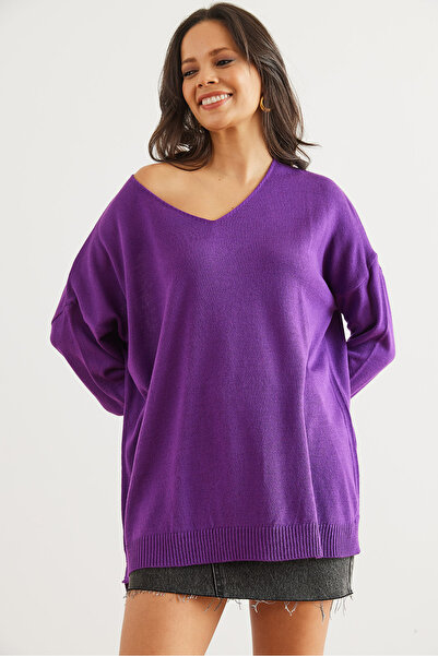 Olalook Purple V-Neck Slit Sweater - Kzk- 19000868