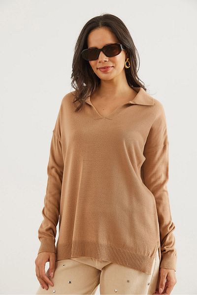 Olalook Women's Camel Polo Neck Basic Knitwear Sweater Kzk- 19000871